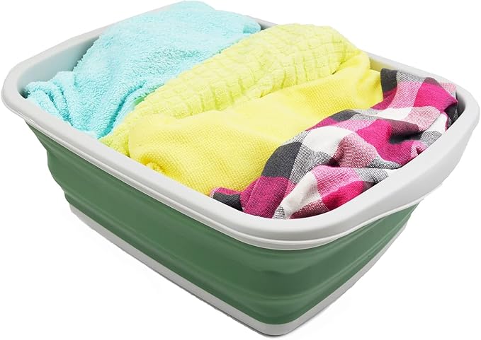 SAMMART 10L (2.6 Gallons) Set of 2 Collapsible Tub - Foldable Dish Tub - Portable Washing Basin - Space Saving Plastic Washtub (Dark Sea Green & Steel Blue, 2)