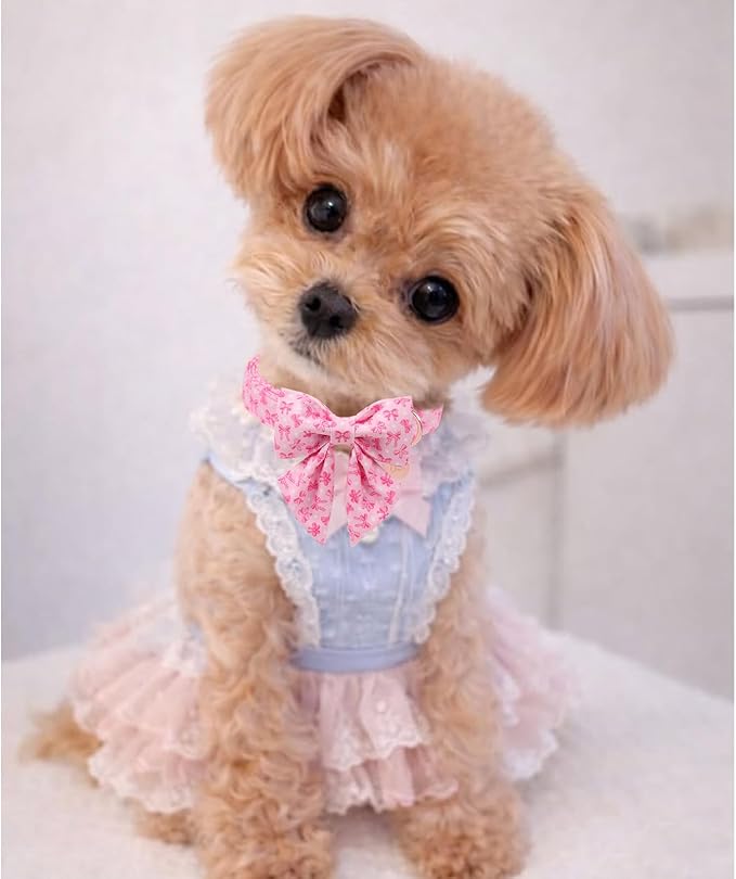 Pink Bow Dog Collar with Bowtie, Adjustable Cotton Puppy Collar with Charm and Metal Buckle, Bowtie Dog Collars for Small Medium Dogs