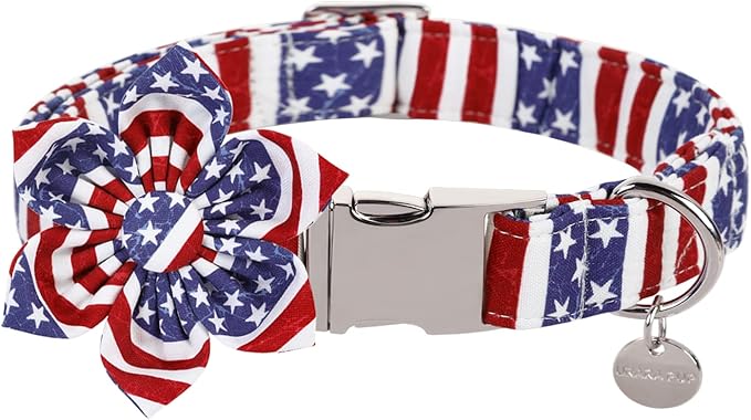 Dog Collar with Flower, 4th of July Comfortable Cotton Dog Collar, American Flag Collar for Puppy Girl Dog or Cat, Patriotic Flower Collar with Metal Buckle, XS