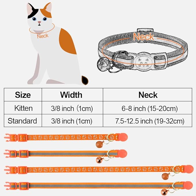 Taglory Kitten Collar Breakaway with Bell, Reflective Soft Cat Collar for Small Kittens, Adjustable 6-8 Inch High Visibility Night Strip, Lightweight for 2-6 Months Baby Cats, 2 Pack, Orange