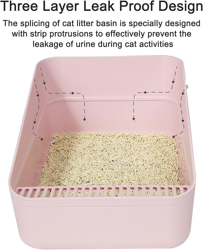 Sfozstra Pink Open High-Sided Cat Litter Box - Medium, Anti-Scatter & Low Tracking, Raised Enclosure Leak-Proof, Easy-Clean ABS Material, for Cats Up to 13 lbs