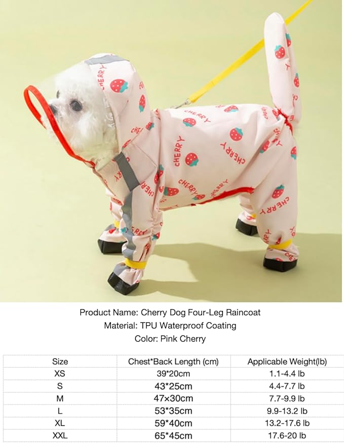 Waterproof Dog Raincoat,Full Coverage 4 Legs Dog Rain Jacket for Small Dogs,Pet Rain Coat with Hood,Reflective Strips&Leash Hole Outdoor Raincoat (Small（for Weight 3.3-5 lb）, Strawberry)