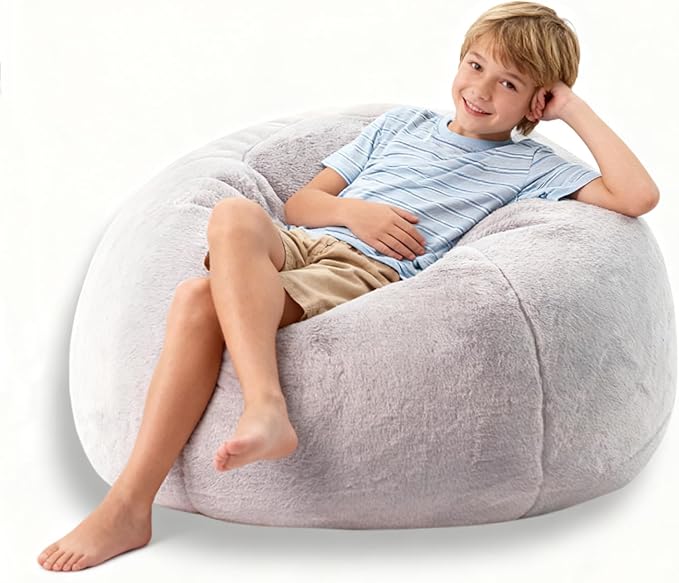 LPMOERA Fluffy Faux Fur Bean Bag Cover (No Filler) Stuffed Animal Bean Bag Storage Comfy Bean Bag Covers for Kids Snow Grey