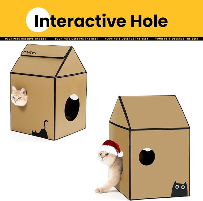 Conlun Cardboard Cat House with Scratch Pad & Catnip, Cat Play Scratching House for Indoor Hideaway Furniture, Heavy Duty Sturdy Cardboard Scratcher, Easy to Assemble Birthday Gift, Medium