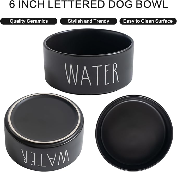 Elevated Ceramic Dog Bowls Set - Food & Water Lettering Raised Dog Bowl with Non-Slip Bamboo Stand for Small and Medium Dogs, Weighted Dogs Dishes Pet Bowls (6 inch, 2 * 30oz, Black)