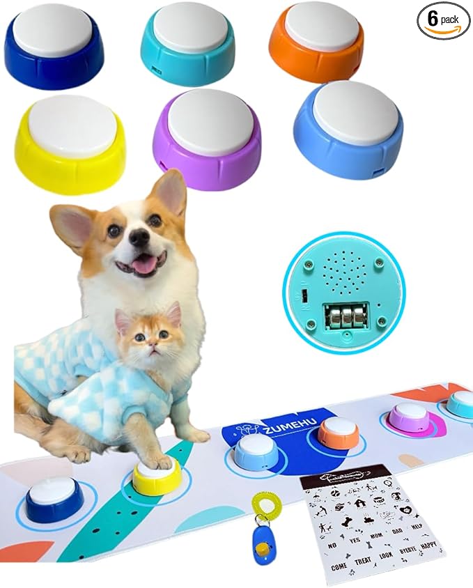 Dog Buttons for Communication Starter Kit - 6 Color Recordable Dog Buttons with Non-Slip Mat & Training Clicker, 0.5lb Easy-Press Talking Buttons for Small Dogs & Cats, Pre-Installed Battery