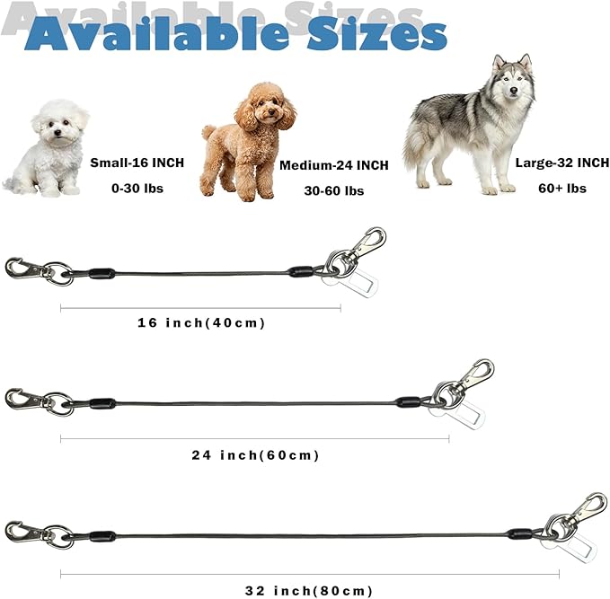 2-in-1 Dog Seat Belt for Car, Chew Proof Pet Safety Belt for Dog, Heavy Duty Dog Car Harness Restraint, Waterproof Coated Steel Wire Dog Leash (Black*2, 32inch/80CM)
