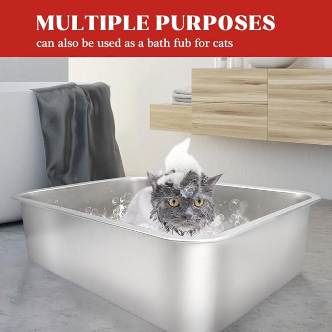Stainless Steel Cat Litter Box, Large (24" x 16" x 6"), Metal for Kitty and Rabbits, No Odor Left & Non Stick Surface