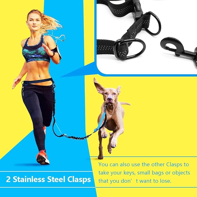 Uppetly Hands Free Dog Running Leash with Adjustable Waist Belt, Dual Handle Elastic Bungees Retractable Rope for Small and Medium Dogs, Reflective Stitches for Walking Hiking Biking (Medium, 8-25lb)