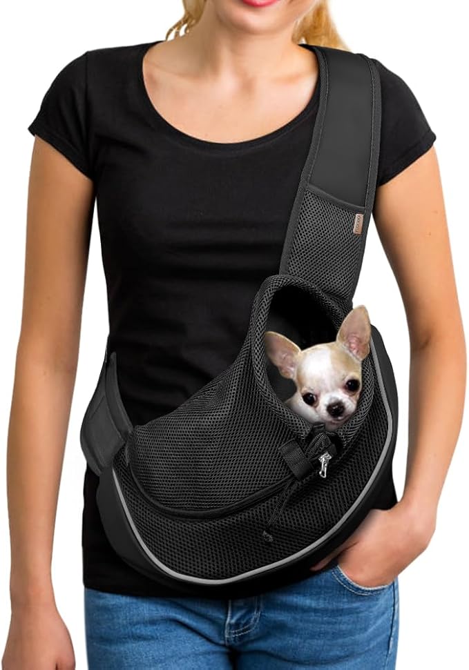 YUDODO Pet Sling Carrier for 2-5 lbs Small Dogs & Cats – Hands-Free Puppy Carrier with Safety Hook, Large Zipper Pocket, Soft Breathable Mesh, Adjustable Strap & Reflective Strip (Black 2.0 S)