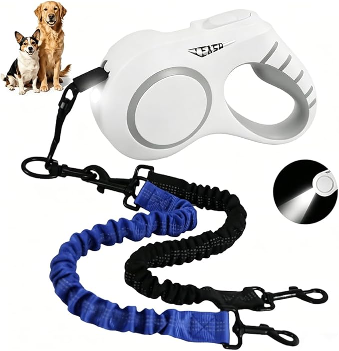 19.7ft Dual Retractable Dog Leash for Medium to Large Dogs 35–65 lbs, USB Rechargeable LED Light, 360° Tangle-Free, Detachable Front Lead & Emergency Ready, Reflective Elastic (White)