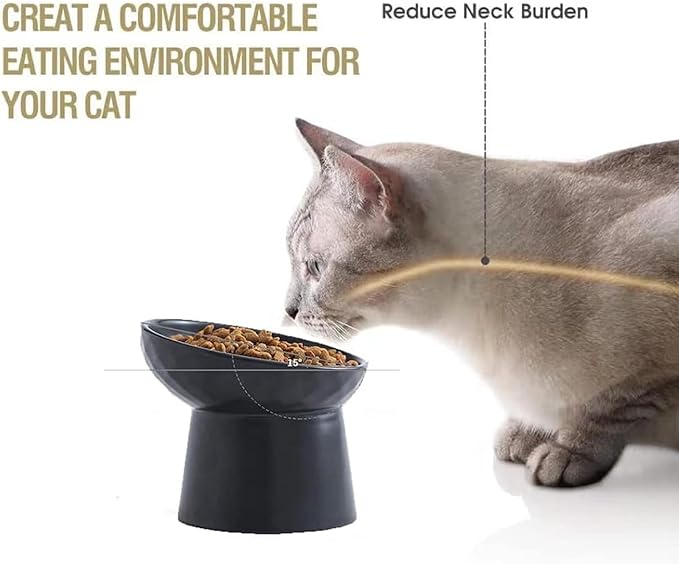 4 Pcs Small Ceramic Raised Cat Bowls, Tilted Elevated Food or Water Bowls, Stress Free, Backflow Prevention, Dishwasher and Microwave Safe, Lead & Cadmium Free(2pc Black + 2pc White)