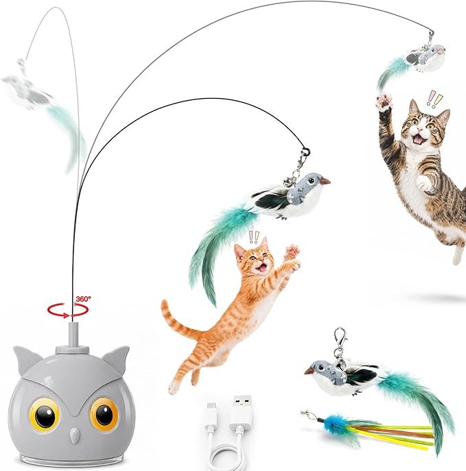 Interactive Cat Toys for Indoor Cats - Automatic Flying Bird Feather Toy with Sticky Suction Base, USB Rechargeable 360° Electric Cat Teaser, Touch Activated Self-Play Toy for Bored Cats