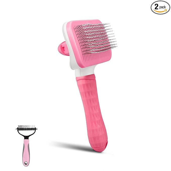 Dog & Cat Brush Kit 2PCS, Self Cleaning Slicker Brush for Pets, Dog Brush for Shedding Massaging and Grooming, Removes Loose Undercoat & Portable Comb for Long Short Haired Dogs