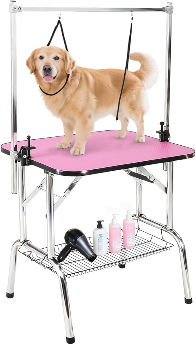 Garvee Foldable Dog Grooming Table 36-Inch, Adjustable Height Arm, Non-Slip Pink Surface, Removable Mesh Tray, 330 Lbs Capacity, Portable Pet Bathing & Trimming Station for Small & Large Cats/Dogs