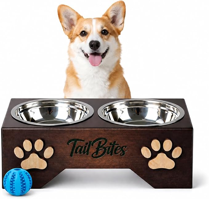Raised Dog Bowls for Medium Sized Dogs – Wooden Elevated Dog Feeder Stand with 2 Stainless Steel Bowls + Chew Treat (14” x 7” x 6”)
