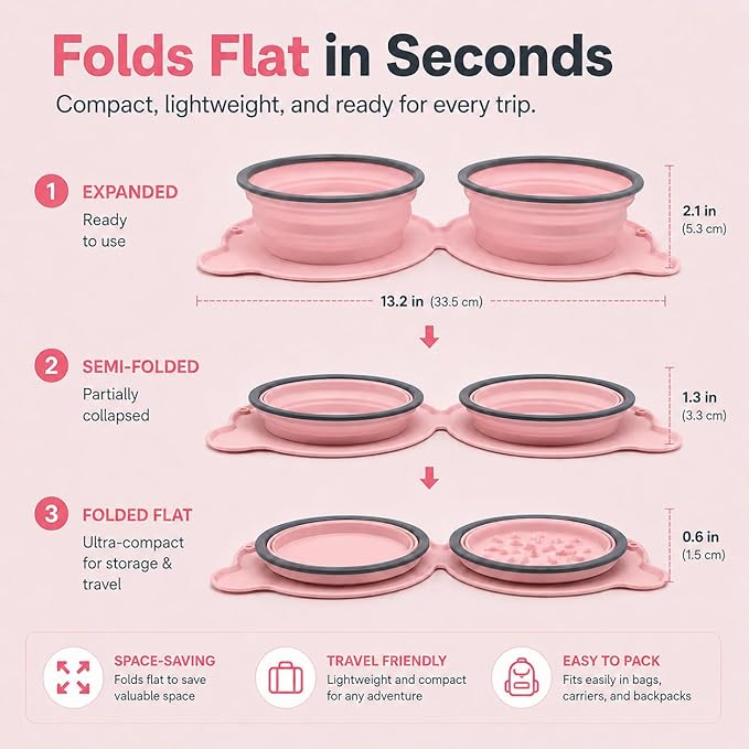 Collapsible Dog Bowls, 2-in-1 Silicone Pet Food and Water Bowl with Carabiner - Portable Double Compartment Travel Dish for Dogs, Ideal for Camping, Hiking, Car Rides, Puppy Essentials(Pink)