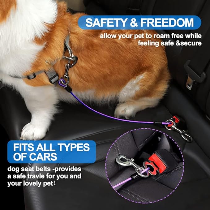 Dog Seat Belt Harness for Car,2pcs Dog Seatbelt of Coated Wire Leash Safety Restraint,No Chew Tether Cable Vehicle Dogs Accessories,Double Clips & Latch (Purple, 24 inch/60 CM)