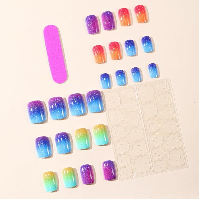 yefiuo Summer Press on Nails Short Square Ombre Purple Blue Fake Nails Press ons Glitter Acrylic False Nails Glue on Nails Reusable Nail Tips Kit Full Cover Stick on Nail Supplies for Women Girl 24Pcs