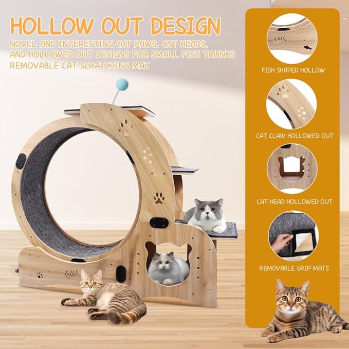 Upgraded Cat Exercise Wheel, Large Cat Treadmill with House, Wet Dry Bowl, Pedal Shelf, Hairball Toy, Cats Running Wheels for Indoor Cats (Wood)