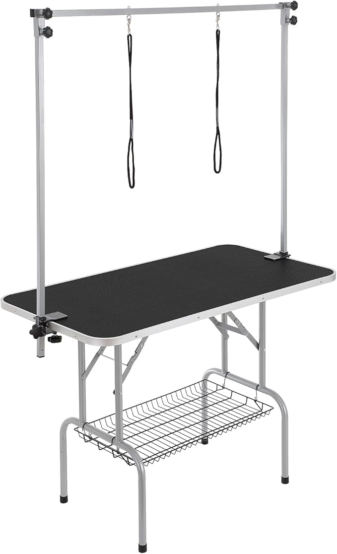 VEVOR Pet Grooming Table, 46 Inch Grooming Station with 2 Height Adjustable Arms, 330LBS Static Load Capacity, Foldable Dog Groom Station with No-Sit Haunch Holder with Loop, for Medium/Small Dogs