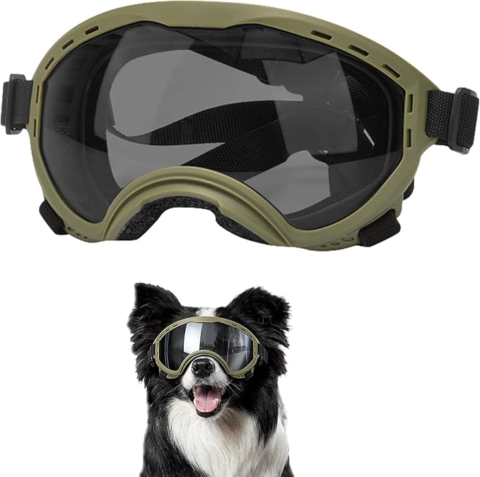 Dog Goggles for Medium to Large Breeds, UV Protection Dog Sunglasses with PC Lens, Soft TPU Frame and Adjustable Straps, Windproof Dustproof Anti-Fog Pet Eyewear for Outdoor Activities (Green Frame)