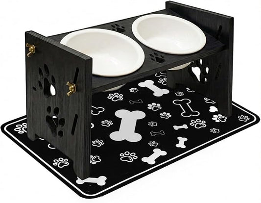 2026 New Elevated Cat Bowls with Food Mat, Adjustable Height & Angle Raised Cat & Dog Bowls Stand for Food and Water, Cat or Small Dog Feeding Station, 2 Ceramic Bowls for Cats and Puppy(Black Wood)