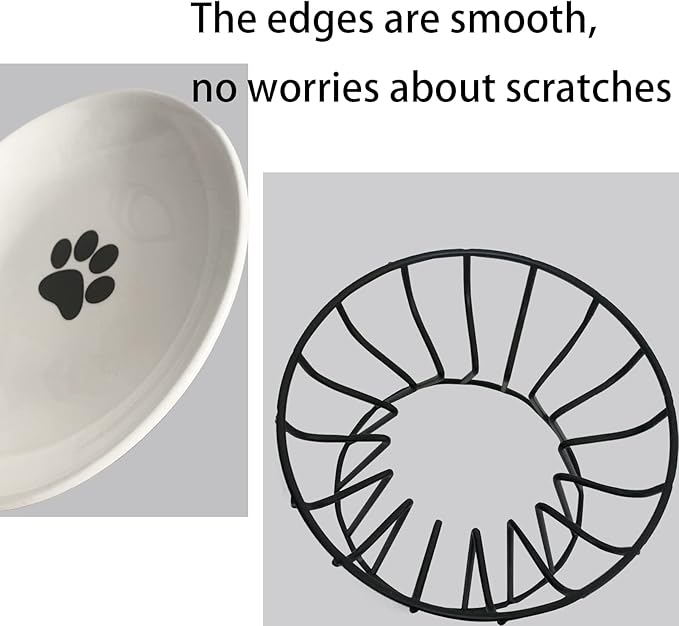 Ceramic Cat Bowls with Metal Stand,Elevated Cat Bowl Raised Kitten Food&Water Feeding Shallow Dish for Indoor Cats,Puppies,Small Dogs(Black)