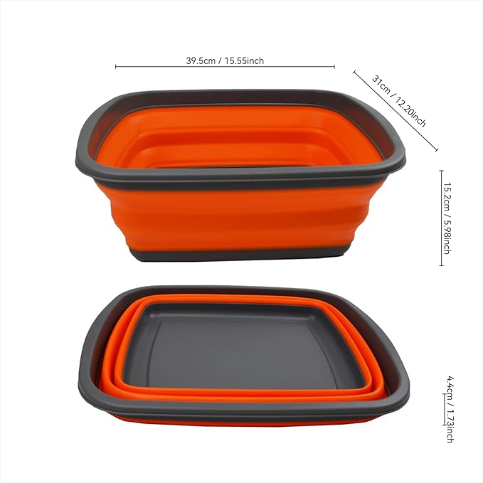 SAMMART 10L (2.6 Gallons) Set of 2 Collapsible Tub - Foldable Dish Tub - Portable Washing Basin - Space Saving Plastic Washtub (Sea Angel + Orange, 2)