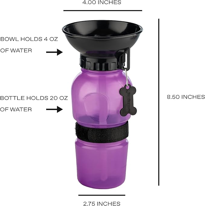 Highwave AutoDogMug Portable Dog Water Bottle, Squeeze Water Bottle with Built-in Travel Bowl for Dogs, Leak-Resistant BPA-Free Dog Water Dispenser for Walking, Hiking & Travel 20 oz (Purple)