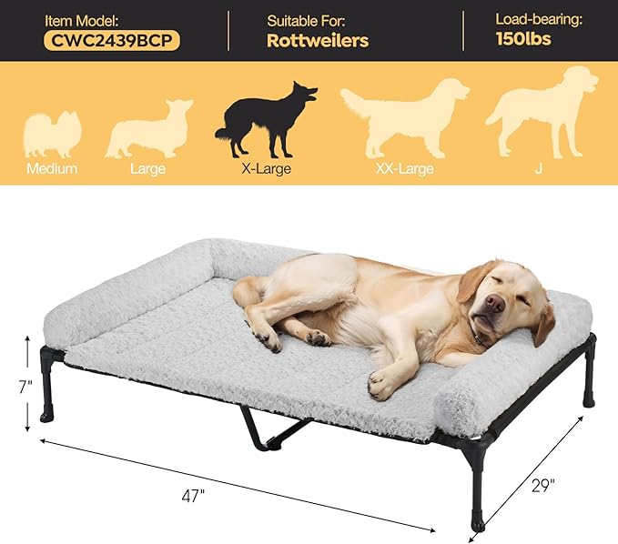 Veehoo Orthopedic Elevated Dog Bed Add Removable Deluxe Rose Plush Bolster Cushion Mat, 47" x 29" Washable Dog Couch Bed, Raised Pet Cot with Breathable Teslin Mesh, No-Slip Feet, Grey, CWC2439B