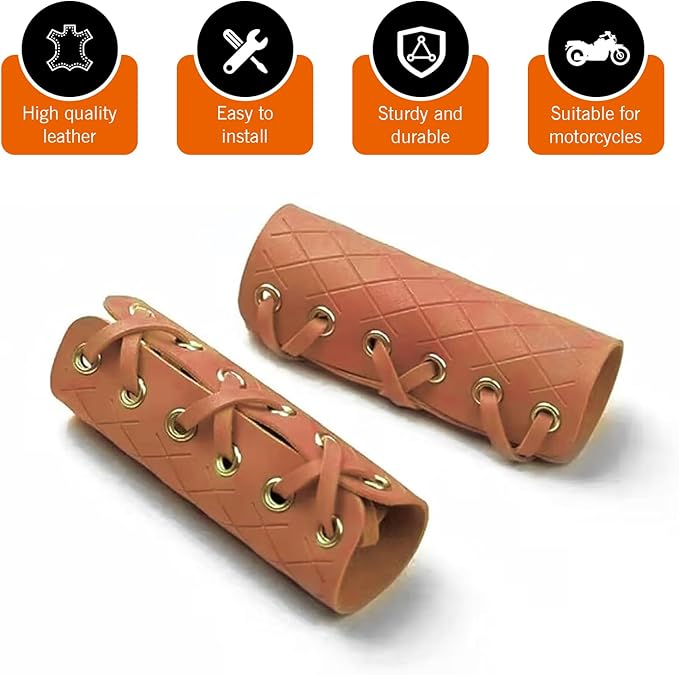 2 PCS Motorcycle Leather Handlebar Grip Covers, 4.5" x 4.4" PU Leather Anti-Slip Wrap-Around Handle Protectors with Adjustable Strap, Universal Motorcycle Modification Accessories (Brown)