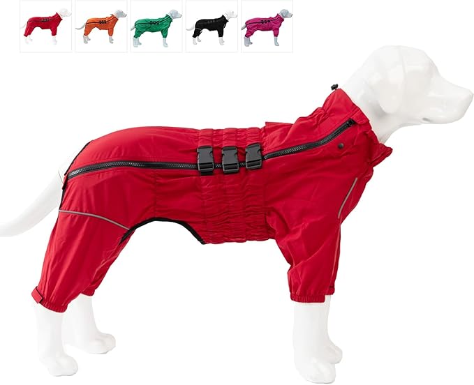 Lovelonglong Waterproof Dog Raincoat – 4-Leg Full Body Dog Rain Suit with Reflective Strips & Leash Opening, Outdoor Dog Jacket for Rainy Weather