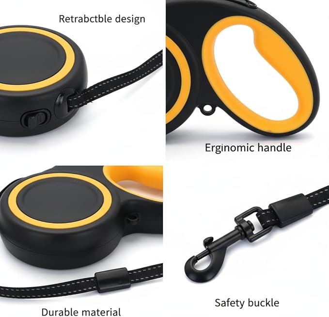 Retractable Dog Leash, 360° Tangle-Free Highly Reflective Nylon Tape, Non-Slip Rubberized Handle, 10-16FT Long Dog Leash for Dogs up to 66LBS,M-Black