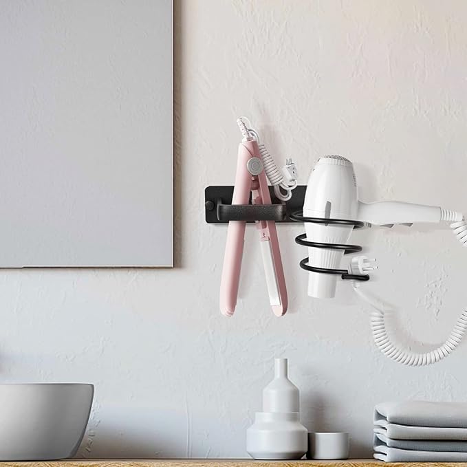 YUET Hair Dryer Holder Hairdryer Station Wall Mounted Shelf Bracket Straightener Stand Hanger Organizer Blow Storage with Cable Tidy Rack for Dressing Table Bathroom Aluminum Professional, Black