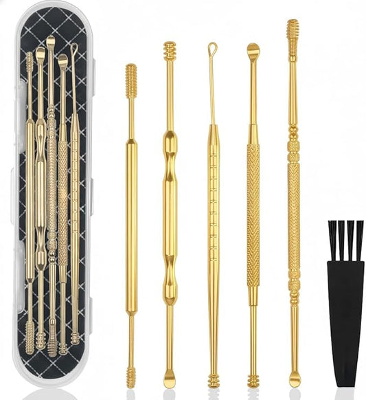 Hion 6 Pcs Extended Ear Wax Removal Kit,Professional Double-Headed Ear Pick Earwax Removal Tools,316L Stainless Steel Ear Cleaner Curette with Cleaning Brush and Storage Box,Suit for Kid Adult(Gold)