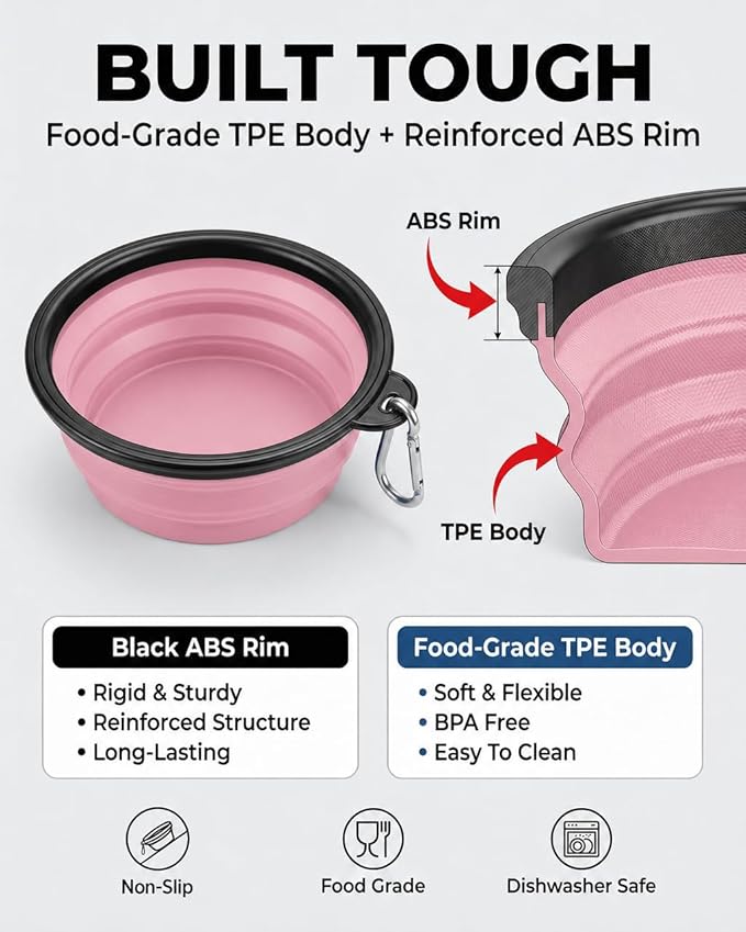 Collapsible Dog Bowls for Travel, 2-Pack Dog Portable Water Bowl for Dogs Cats Pet Foldable Feeding Watering Dish for Traveling Camping with Carabiners, BPA Free (Purple&Pink, Large)