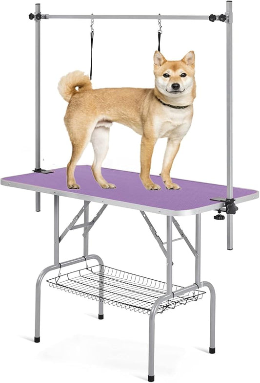 Professional Dog Pet Grooming Table Adjustable Heavy Duty Portable w/Arm & Noose & Mesh Tray (Purple, 42")