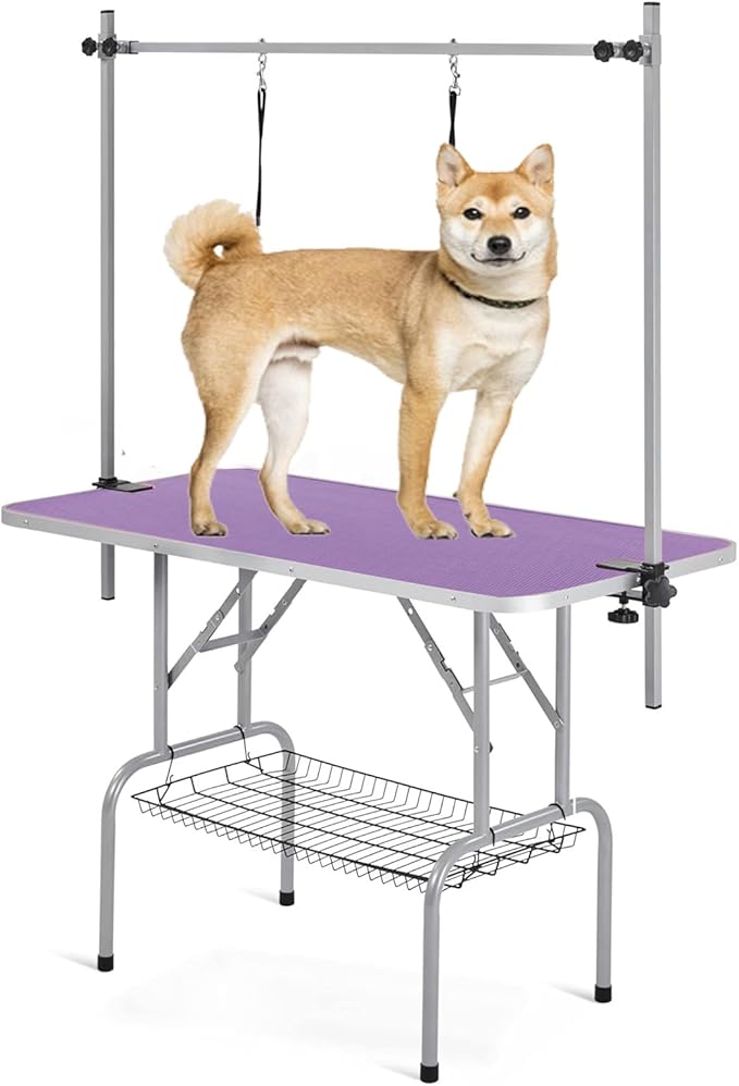 Professional Dog Pet Grooming Table Adjustable Heavy Duty Portable w/Arm & Noose & Mesh Tray (Purple, 36")