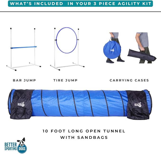 Better Sporting Dogs 3 Piece Essential Dog Agility Equipment Set | Agility Jump | Tire Jump | 10’ Tunnel with Sandbags