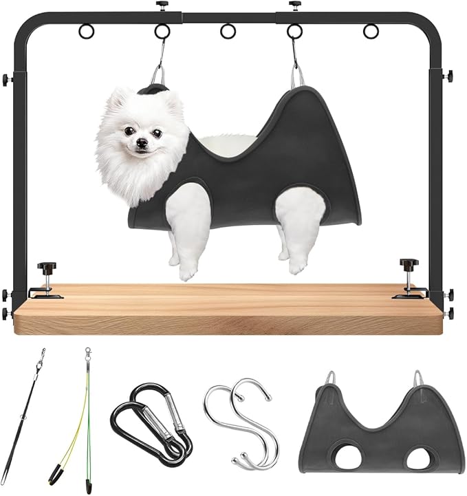 Portable Adjustable Dog Grooming Arm for Table- Pet Grooming Table Arm with Hammock & 2 Nooses, 42" Height Adjustable and 27" - 39" Width Adjustable,Applicable to Home & Store Pets