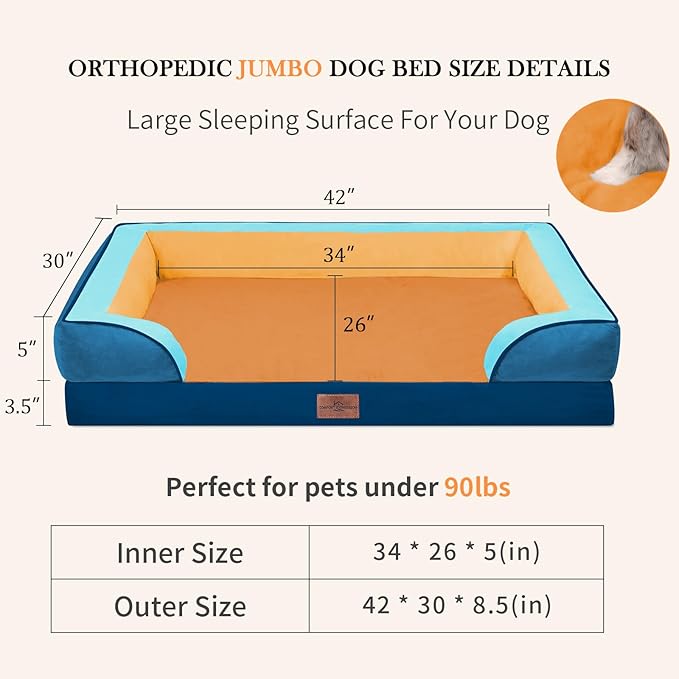 Comfort Expression Orthopedic Dog Bed for Extra Large Dogs 42x30 Inch, Waterproof Egg Crate Foam XL Pet Bed with Bolsters, Dog Couch with Washable Cover & Non-Slip Bottom, Golden Harbor