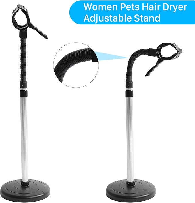Hair Dryer Stand, Stainless Steel Hands-Free Blow Dryer Holder Adjustable 360° Rotating Hairdryer Holder for Countertop Dog Pet Cat Grooming
