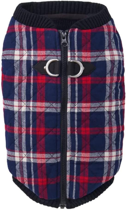 Gooby Fashion Vest Check Dog Jacket - White Check, Medium - Warm Zip Up Bomber Vest Dual D Ring Leash - Winter Water Resistant Sweater - Clothes for Small or Medium Dogs Dogs