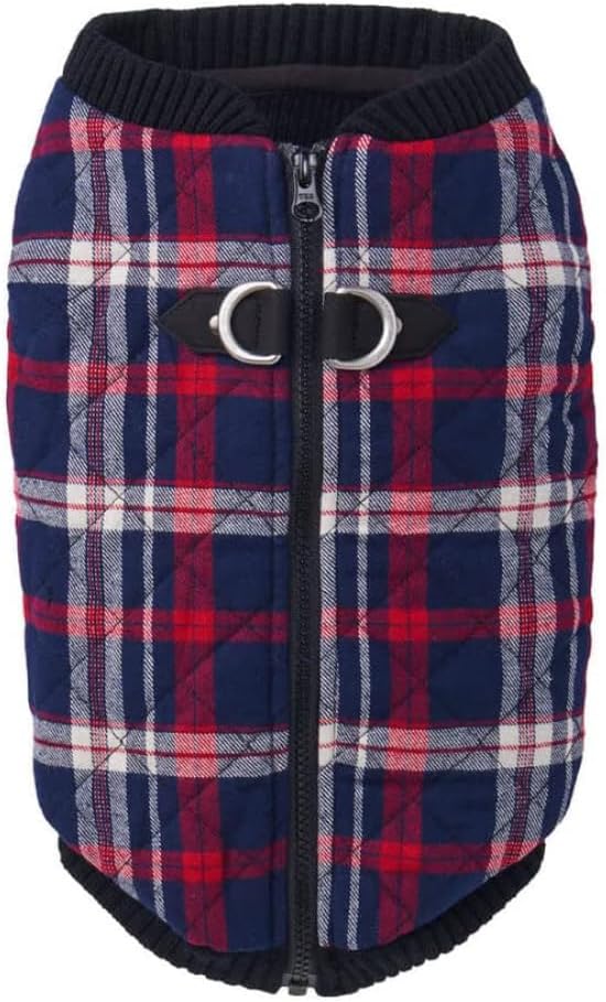 Gooby Fashion Vest Check Dog Jacket - White Check, X-Large - Warm Zip Up Dog Bomber Vest with Dual D Ring Leash Water Resistant for Small to Medium Dogs