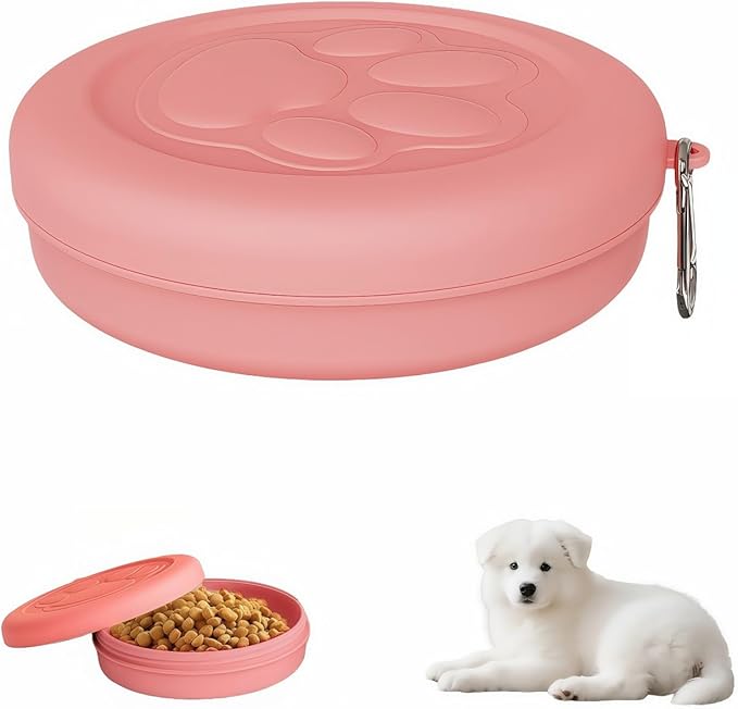 Portable Dog Food & Water Bowl for Travel - Rotating Lock Spill-Proof Pet Dish with Carabiner - BPA-Free Silicone Non Slip Bowl 250ml (Pink, Small)