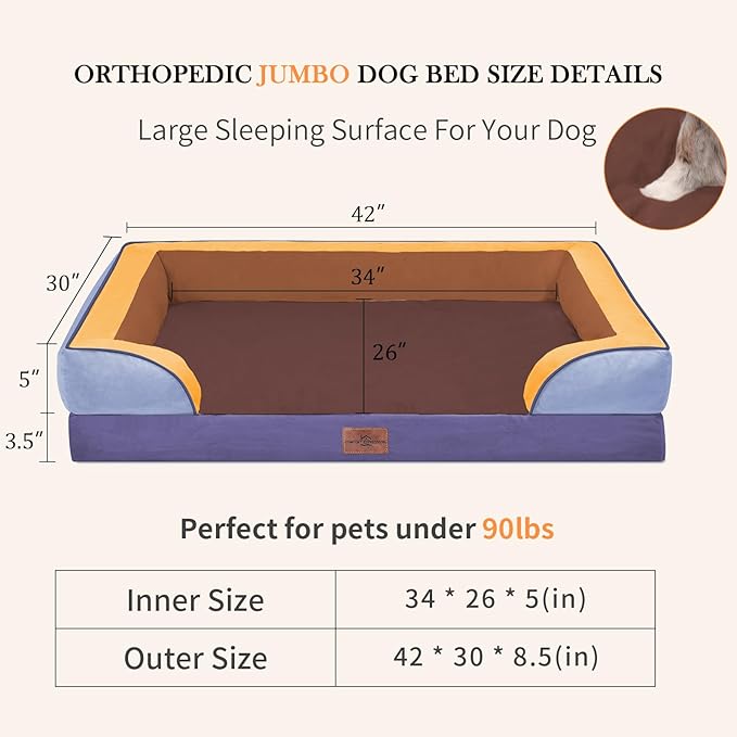 Comfort Expression Orthopedic Dog Bed for Extra Large Dogs 42x30 Inch, Waterproof Egg Crate Foam XL Pet Bed with Bolsters, Dog Couch with Washable Cover & Non-Slip Bottom, Honey Lavender