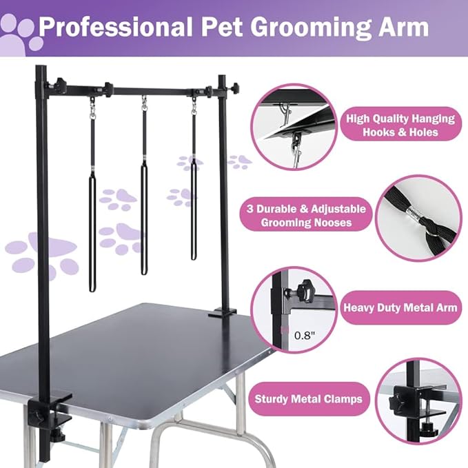 AGESISI H-Shape Dog Grooming Arm with Clamp, Heavy Duty Pet Grooming Table Arm with Loop Noose, 32" Height Adjustable and 34" - 50" Width Adjustable for Large & Medium & Small Pets, Black