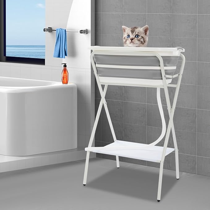 Foldable 2 in 1 Pet Bathtub with Stand, 38.8" Elevated Dog Bath Tub for Small Pets, Portable Grooming Station w/Drain Hose & Safety Belt, Small Dogs Cats Pet