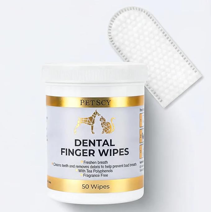 Petscy Dental Finger Wipes for Dogs and Cats – No Brush Teeth Cleaning Wipes for Fresh Breath & Oral Care – Green Tea & Tea Polyphenols – Fragrance-Free Pet Oral Cleansing - 50 Wipes